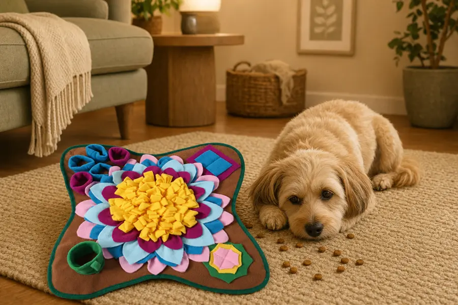 Small dog lying relaxed on a rug beside the Earth brown snuffle mat after a foraging session, in a warm living room