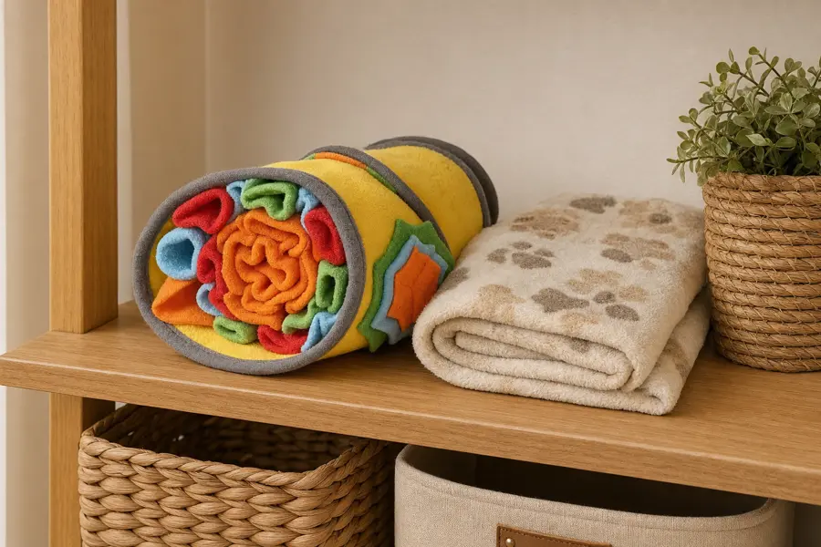 Sunny yellow snuffle mat loosely rolled up on a wooden shelf next to a folded dog blanket