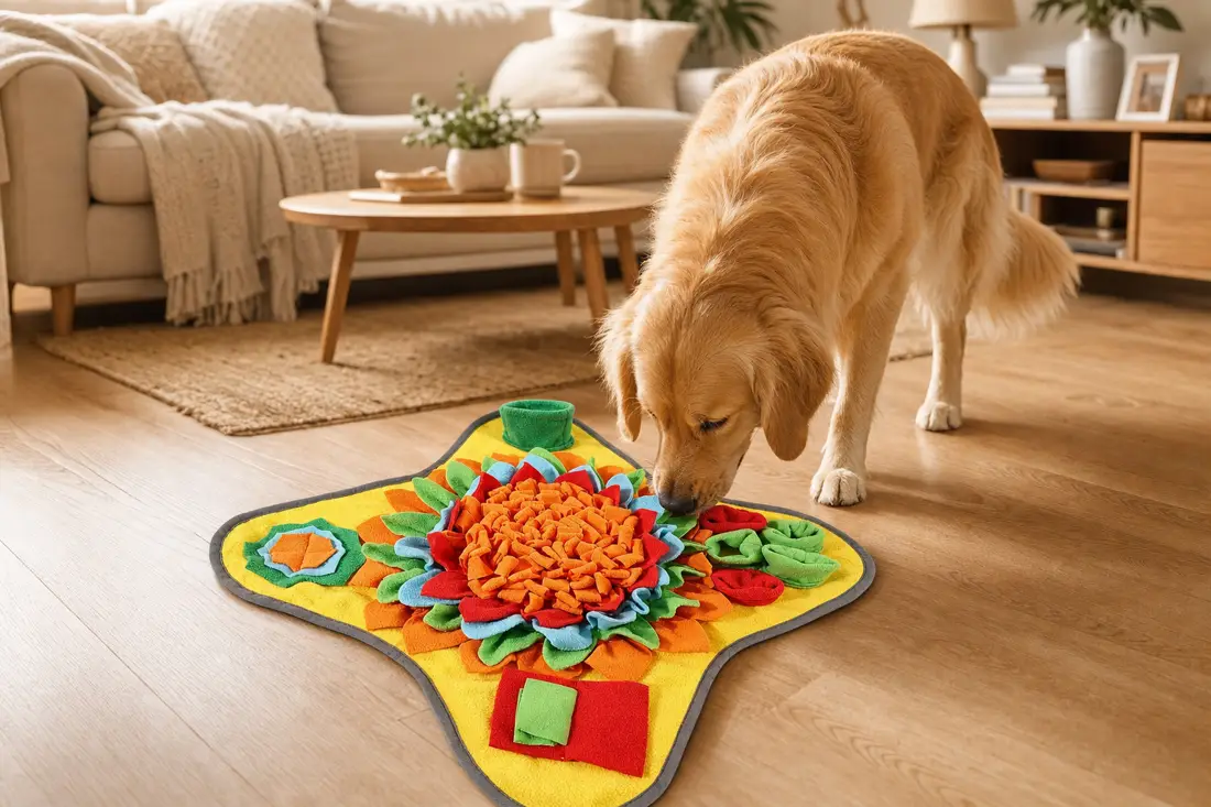 Golden retriever sniffing the Sunny snuffle mat on a light-oak floor in a cozy living room