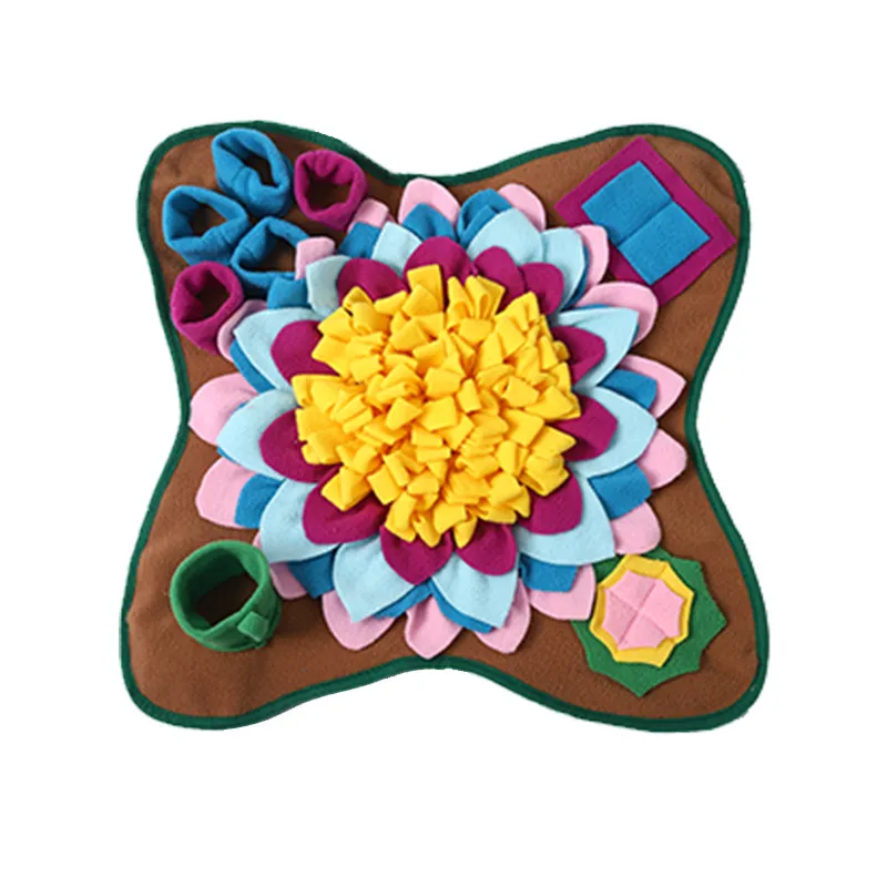 Earth colorway snuffle mat, brown base with a yellow-and-pink flower and green trim