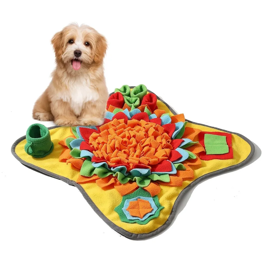 Sunny colorway snuffle mat, yellow base with a red-and-orange fleece flower and gray trim