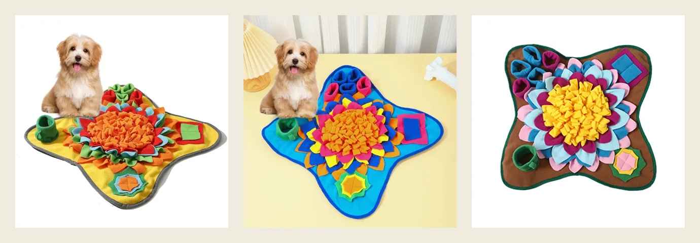 The three snuffle mat colorways side by side: Sunny yellow, Ocean blue and Earth brown, each with the raised fleece flower