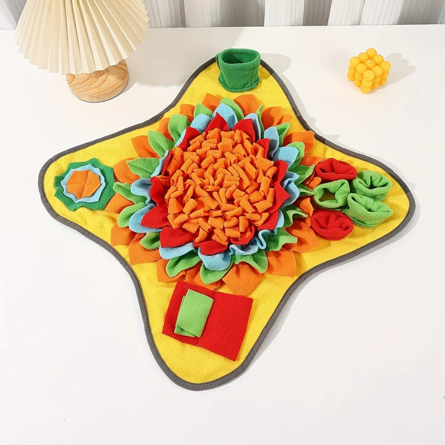 Sniffgrove snuffle mat for dogs in the Sunny colorway, a yellow-base 19.2-inch shaker-fleece foraging mat with a red-and-orange fleece flower and folds