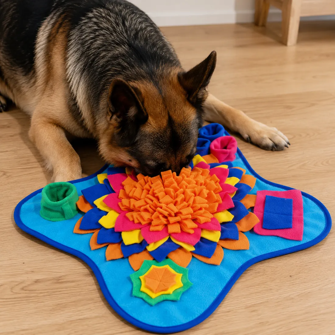 A german shepherd with its whole muzzle buried in the Ocean snuffle mat