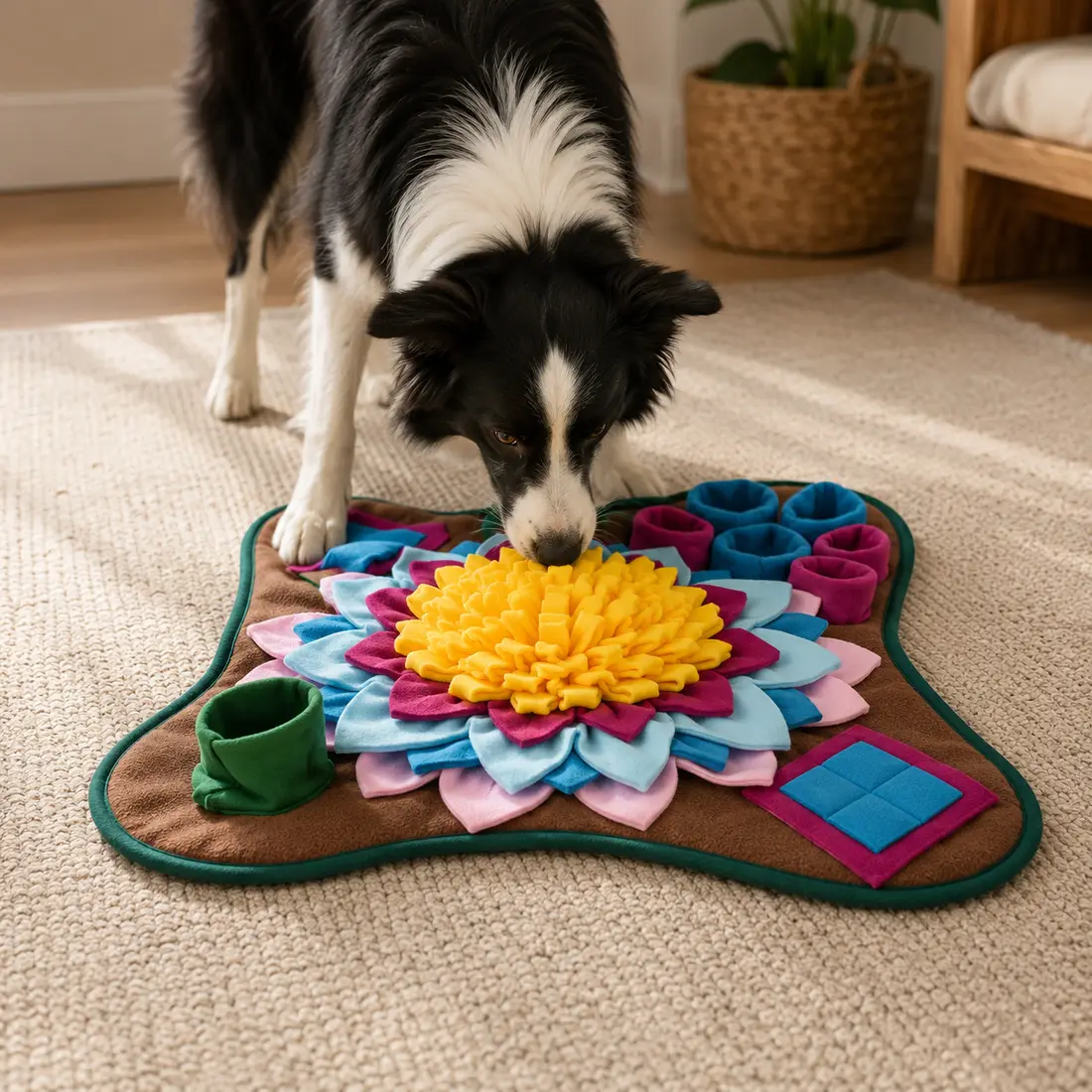 A border collie working its nose through the Earth snuffle mat on a rug