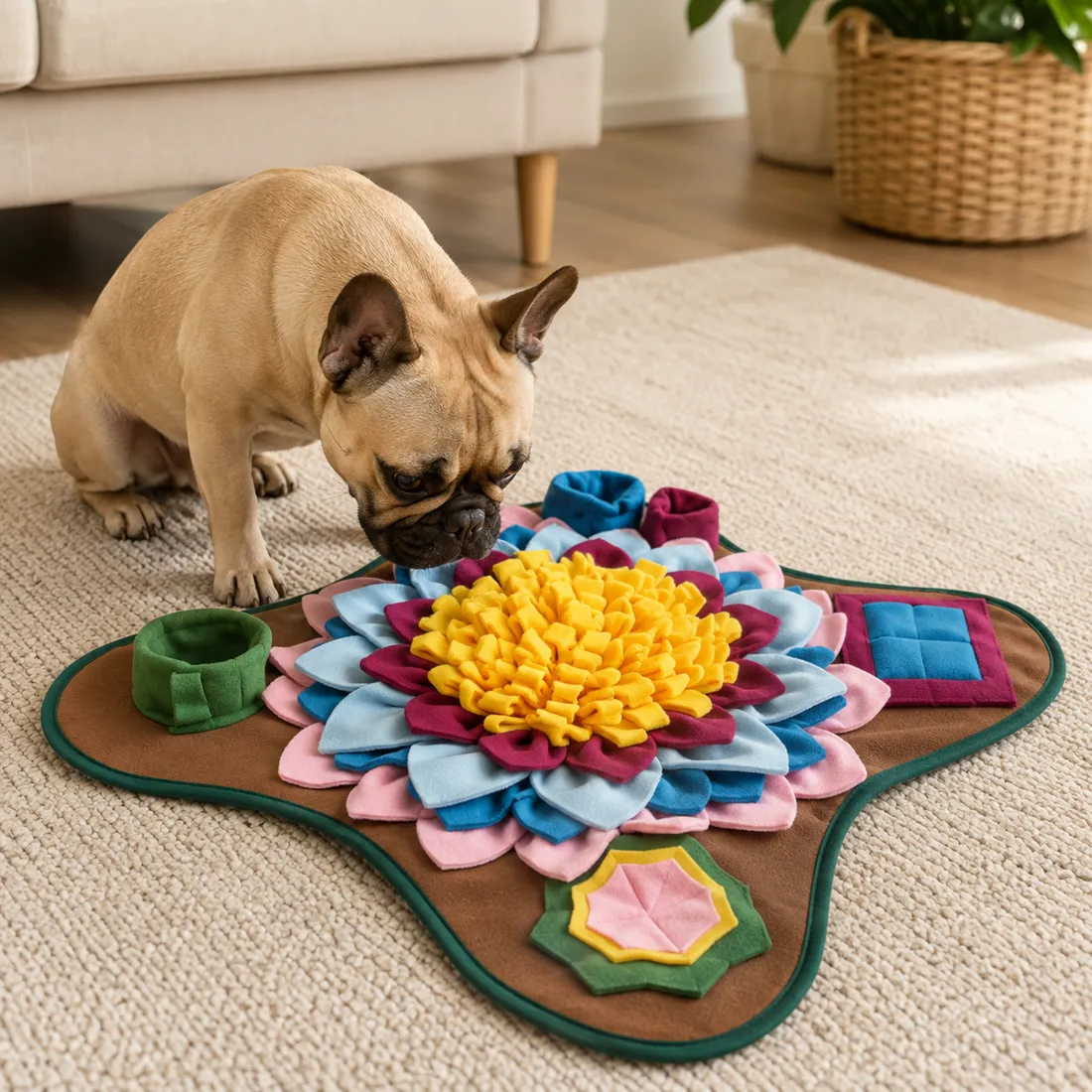 A french bulldog sitting beside and sniffing the Earth snuffle mat