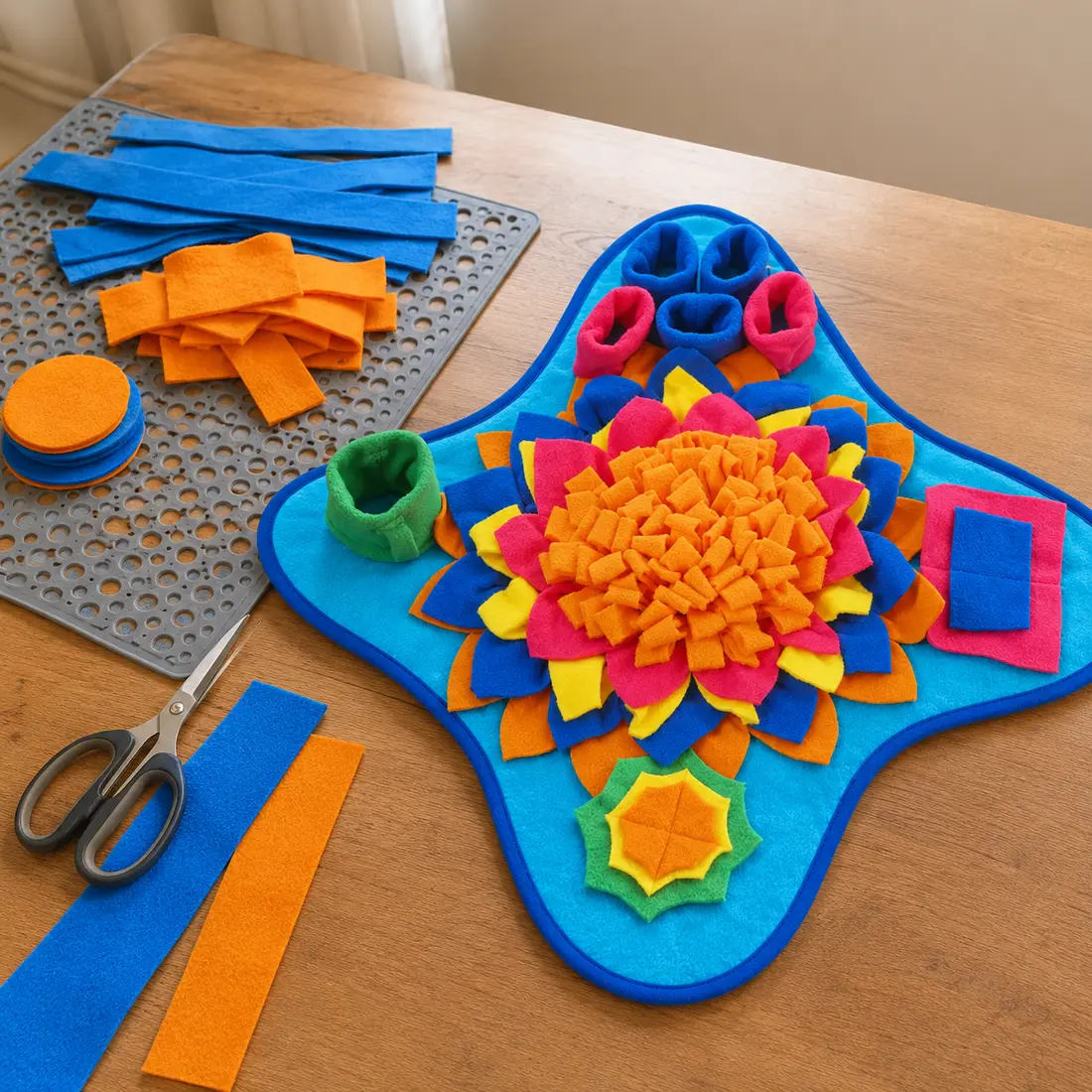 Yellow-based snuffle mat with a dense fleece flower on a wood floor