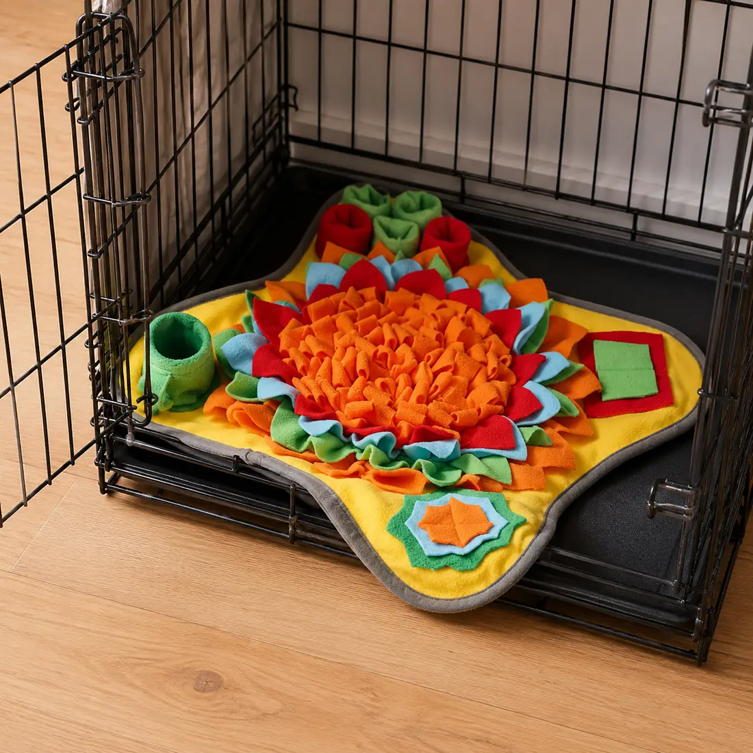 The Sunny snuffle mat folded inside an open wire crate on a wood floor