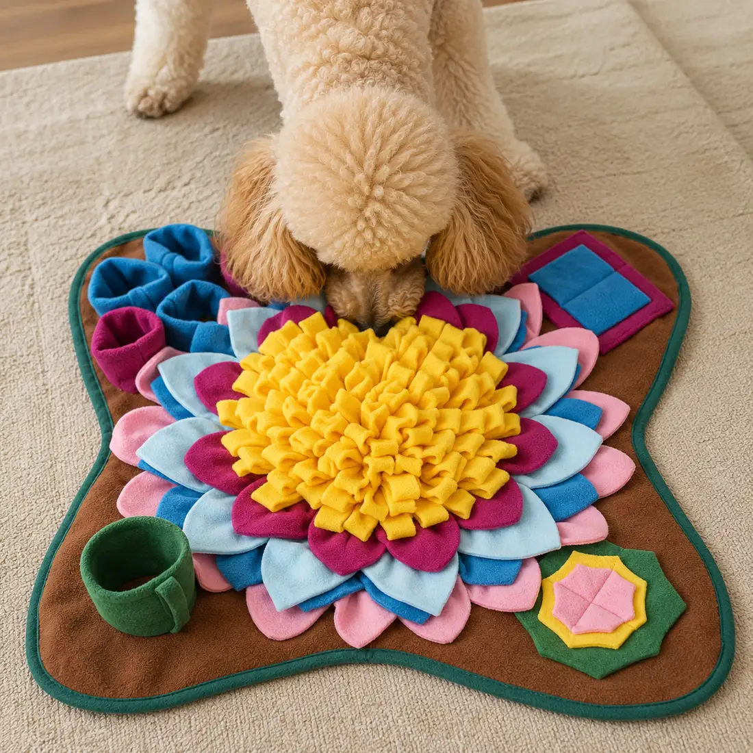 A poodle working its nose through the Earth snuffle mat on a neutral rug