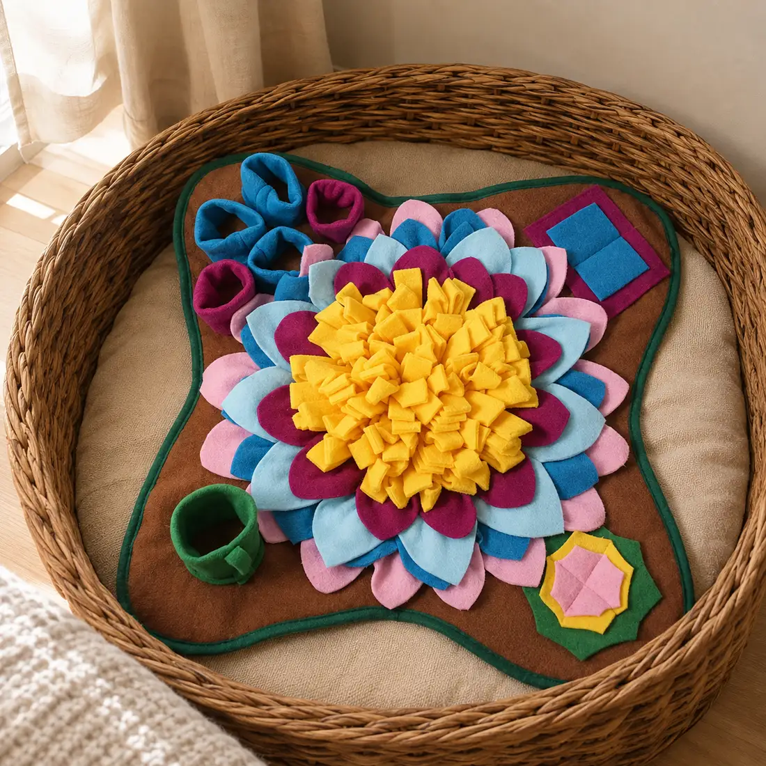 The Earth snuffle mat placed inside a woven dog basket in a bedroom corner