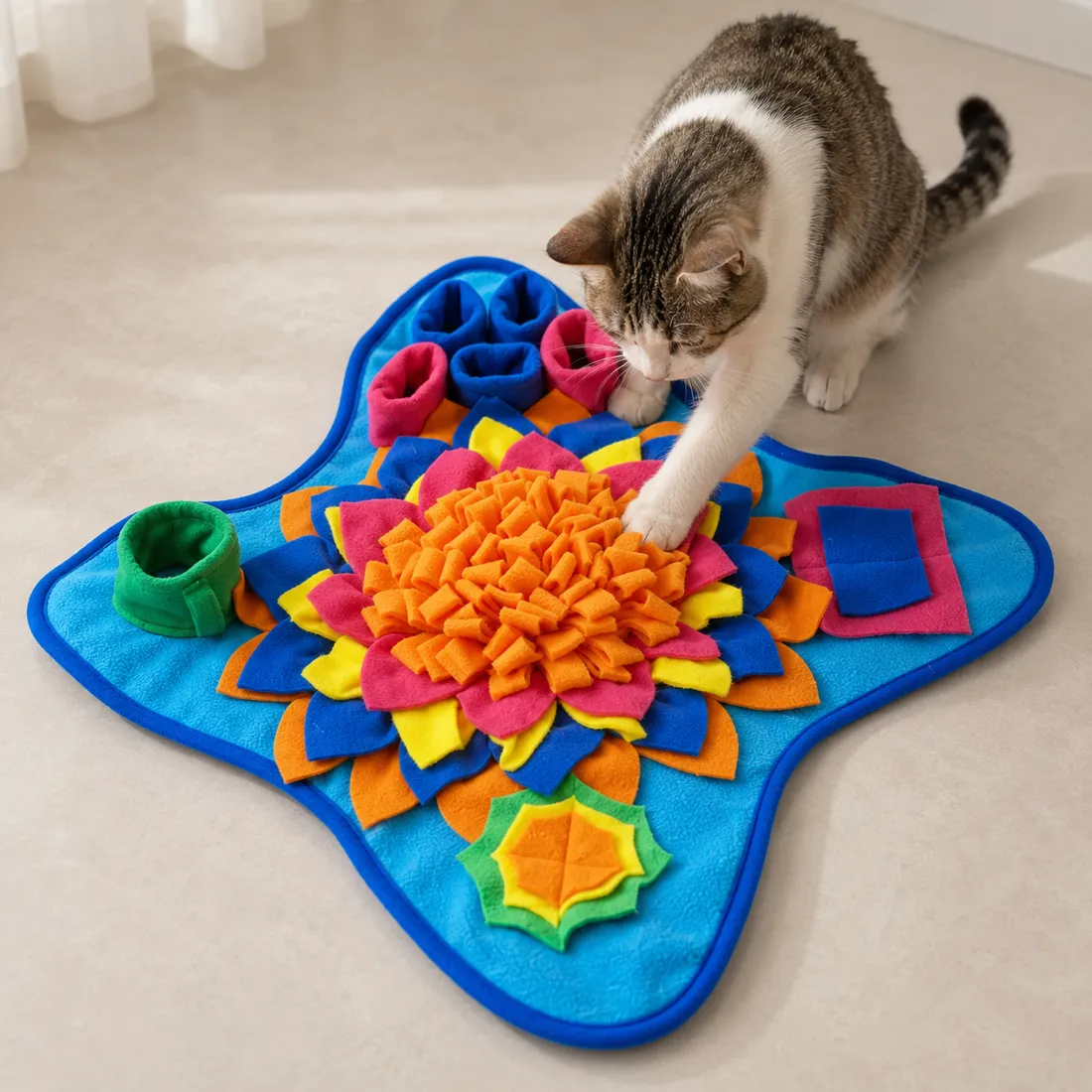 A domestic cat pawing at the Ocean snuffle mat on a pale floor