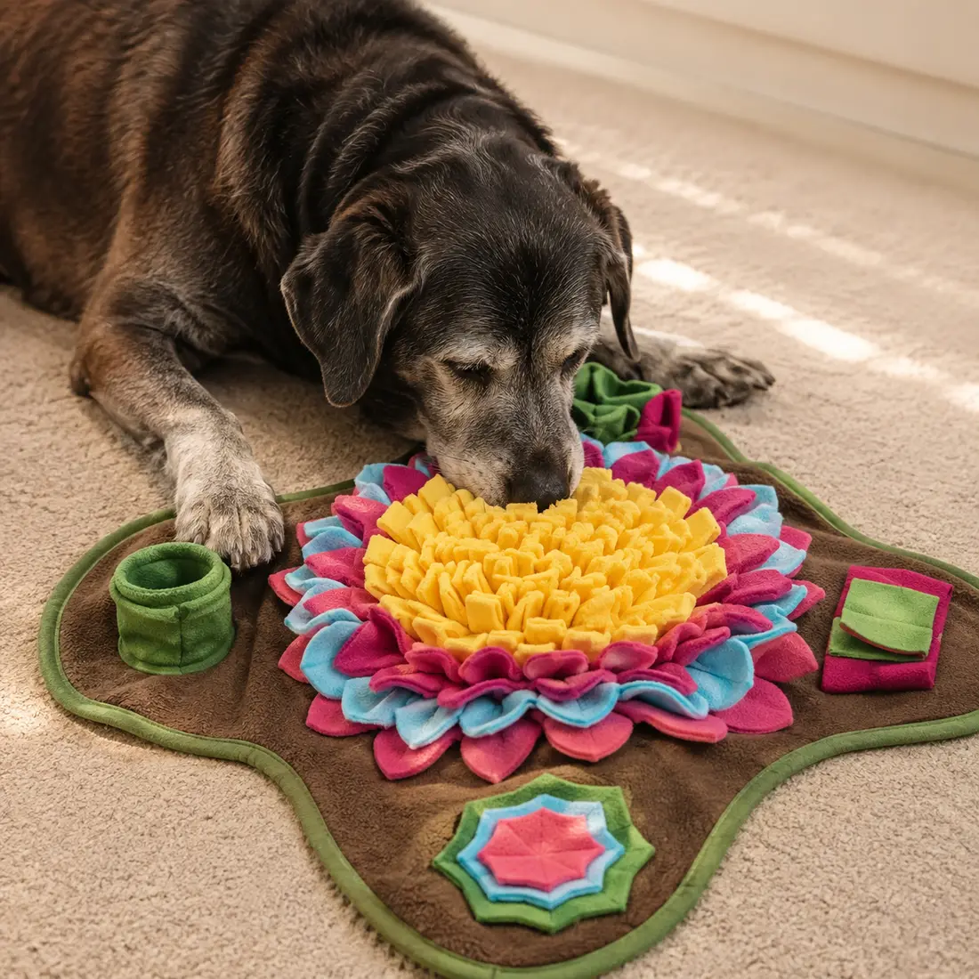 An older dog with a gray muzzle lying down and sniffing slowly at the Earth snuffle mat in soft light