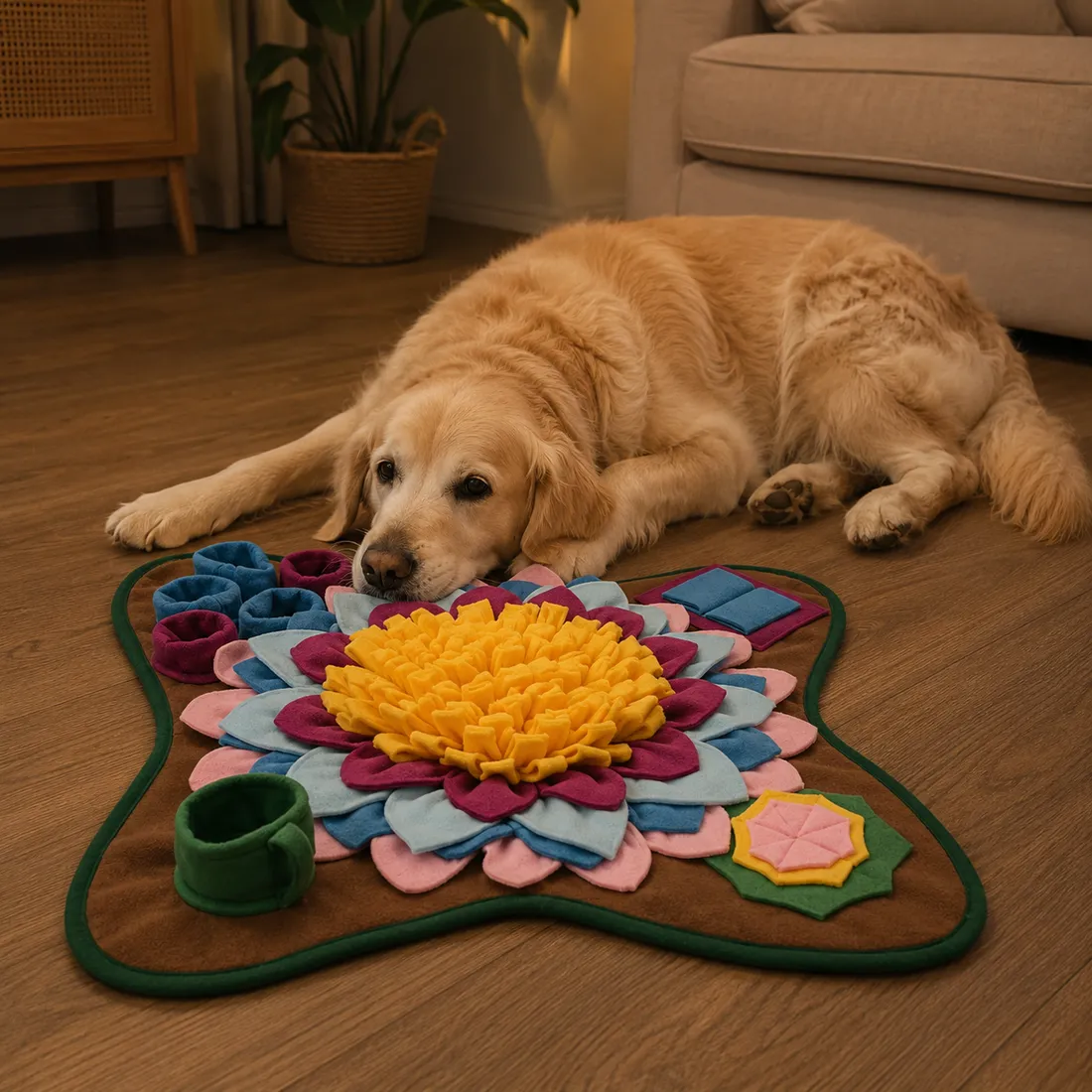 A golden retriever lying down settled and relaxed beside the now-empty Earth snuffle mat in warm evening light