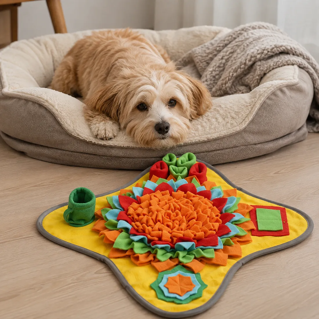 A resting dog lying on its bed with the Sunny snuffle mat placed within easy reach in a quiet room