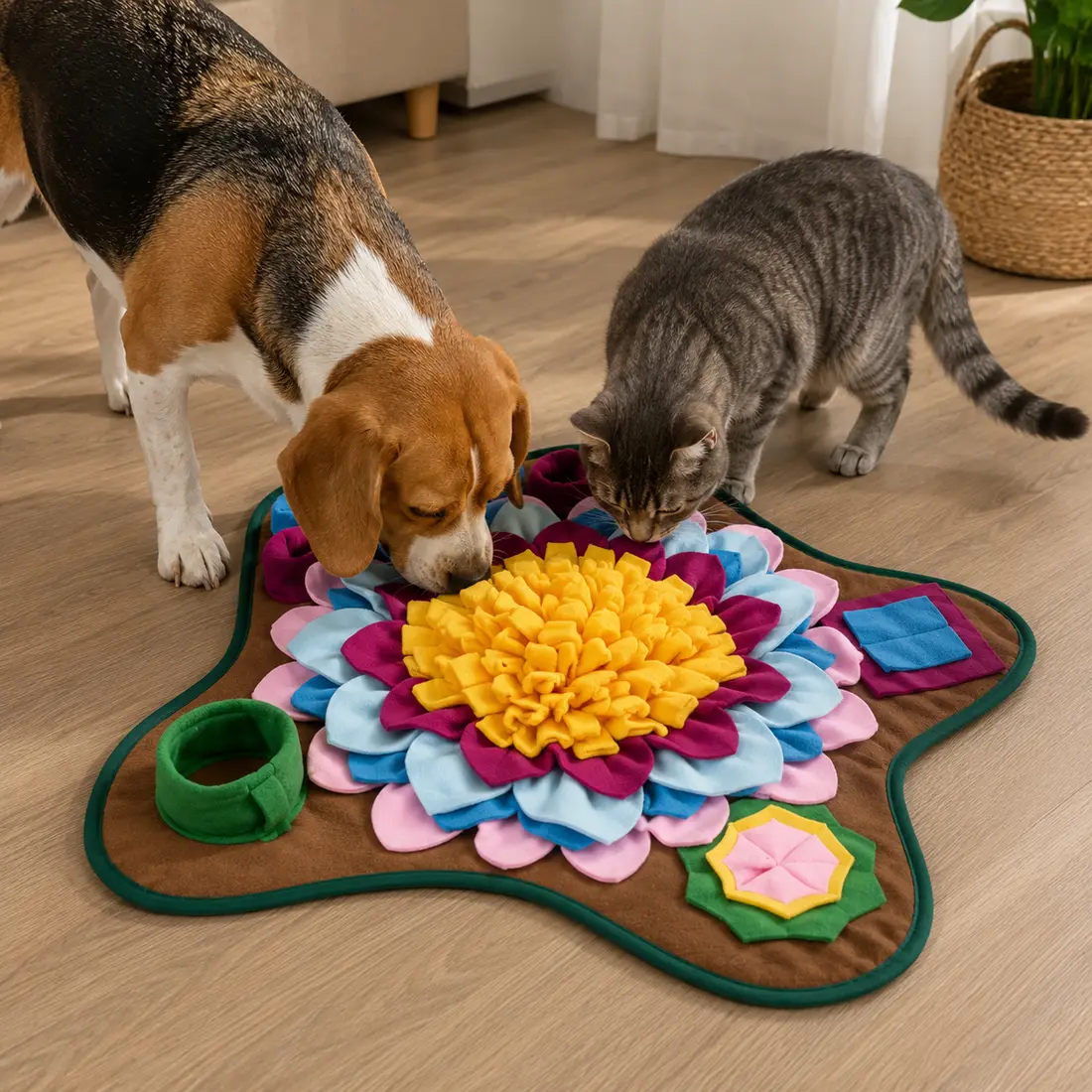 A dog and a cat sharing one Earth snuffle mat on a living room floor