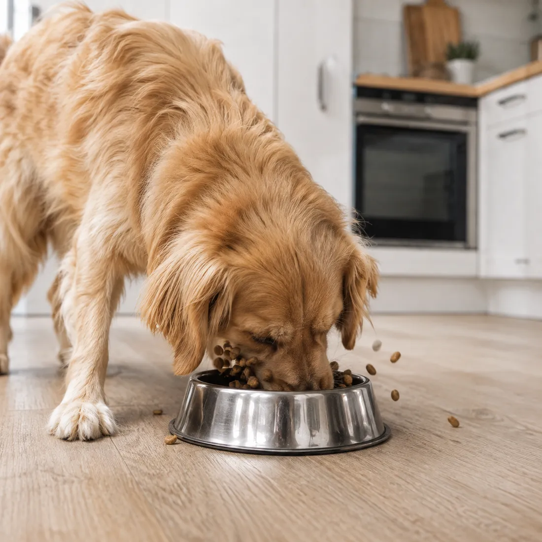 A golden retriever eating fast from a plain steel bowl on a kitchen floor, kibble scattered around it