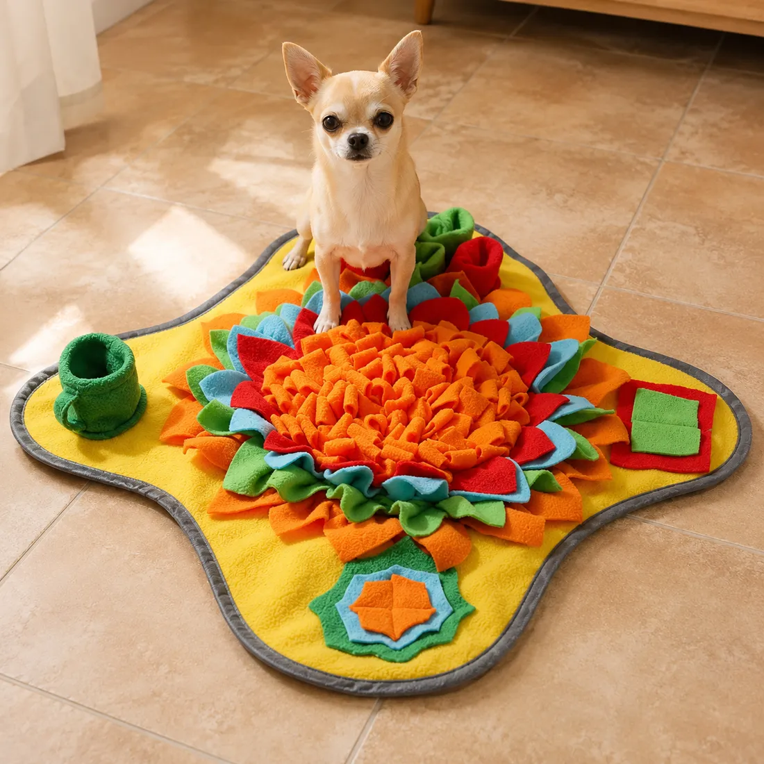 A chihuahua standing on the Sunny snuffle mat, the mat much wider than the dog