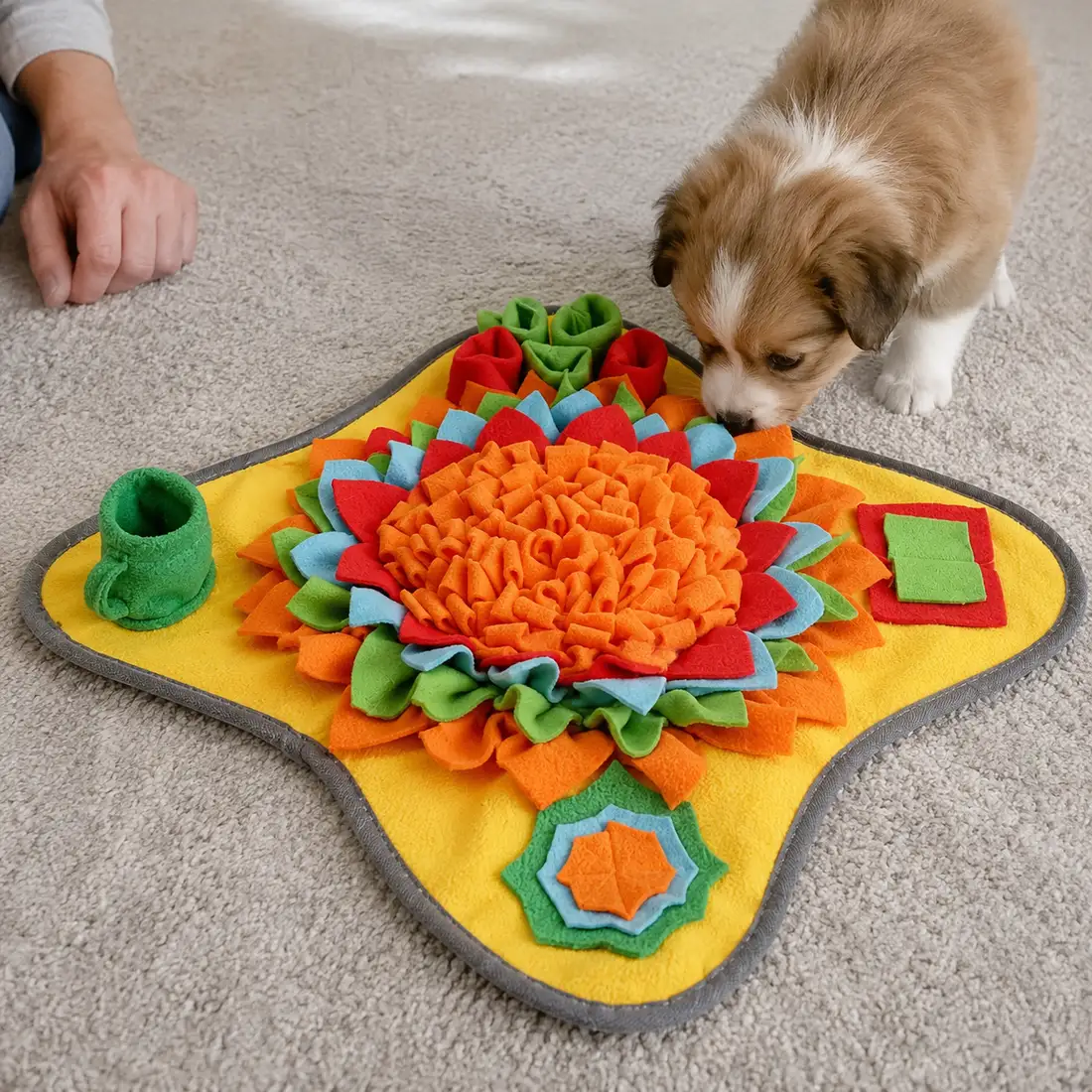 A small puppy taking its first careful sniff at the edge of the Sunny snuffle mat on a soft rug, an adult hand nearby