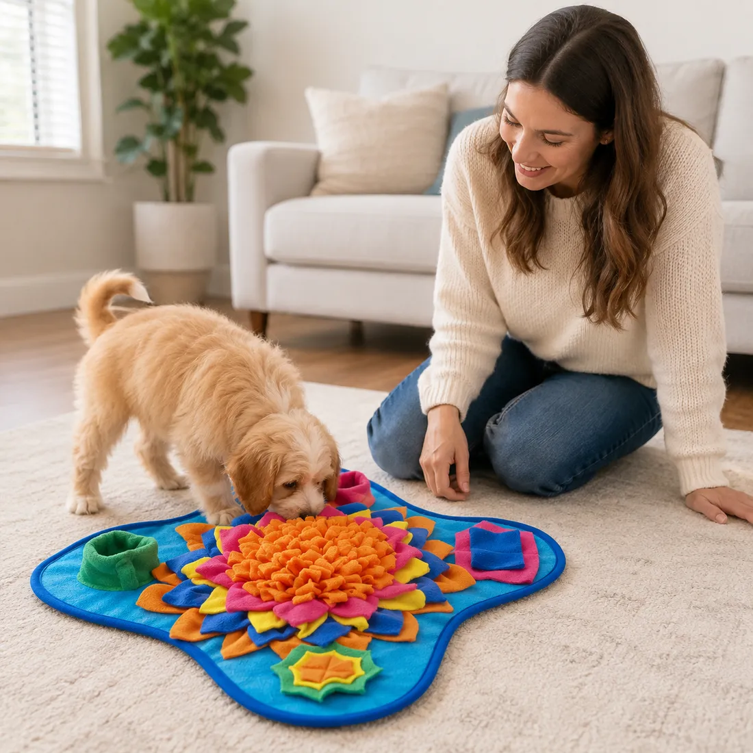 A woman kneeling on the floor of a bright living room watching her puppy forage on the Ocean snuffle mat
