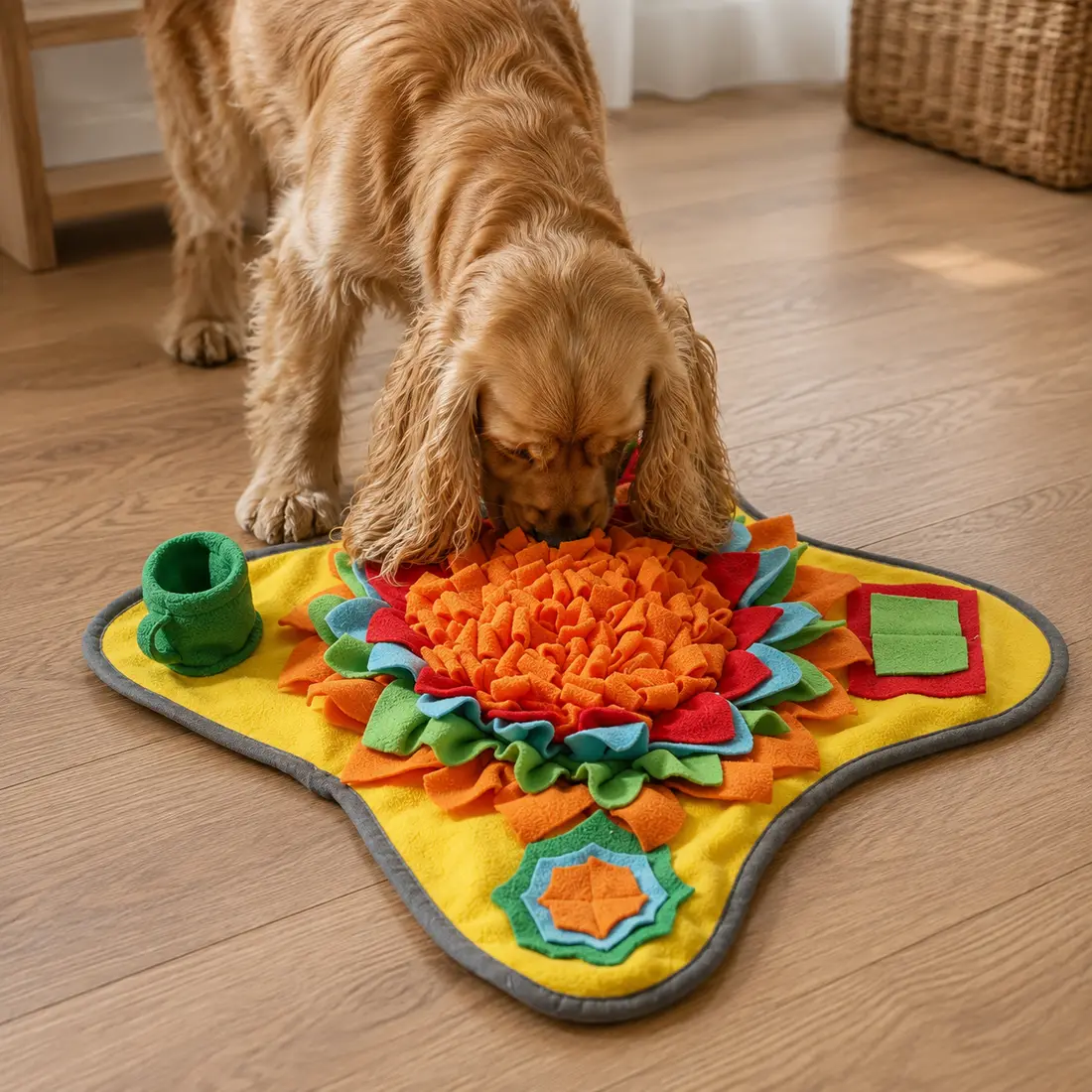 A cocker spaniel with its ears hanging forward, nose down in the Sunny snuffle mat on a wood floor