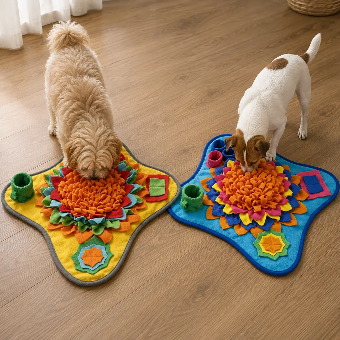 Two dogs foraging side by side on their own mats, one Sunny and one Ocean