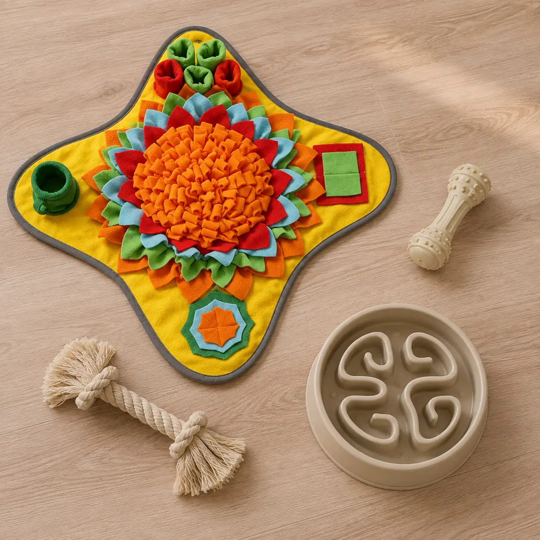 Flat lay of four dog enrichment items on a wood floor: the Sunny snuffle mat, a rope toy, a chew bone and a plain slow-feeder bowl