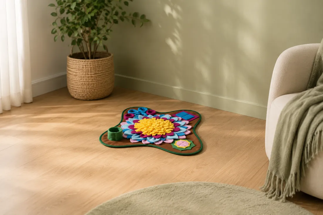 A quiet corner of a home in soft sage and cream tones with the Earth snuffle mat resting on the wood floor