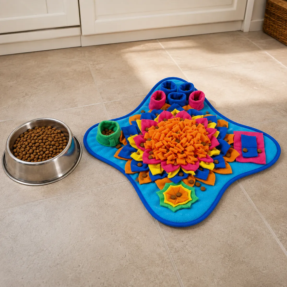 A steel bowl of kibble on a tiled kitchen floor beside the Ocean blue Sniffgrove snuffle mat, the same food scattered down into the pink, orange and yellow fleece petals