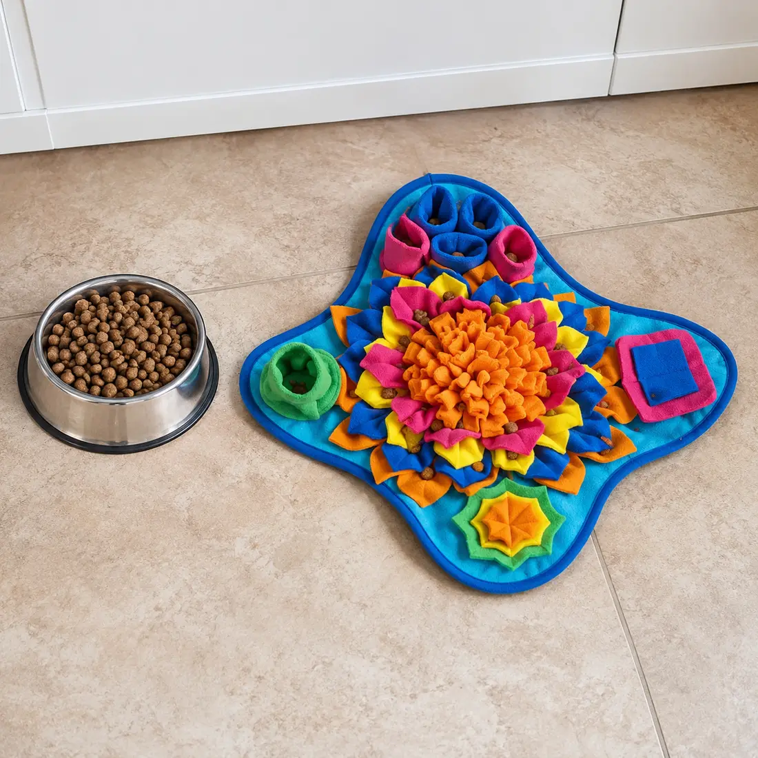 A plain steel dog bowl of kibble on the left and the Ocean snuffle mat on the right, the same portion scattered into the fleece