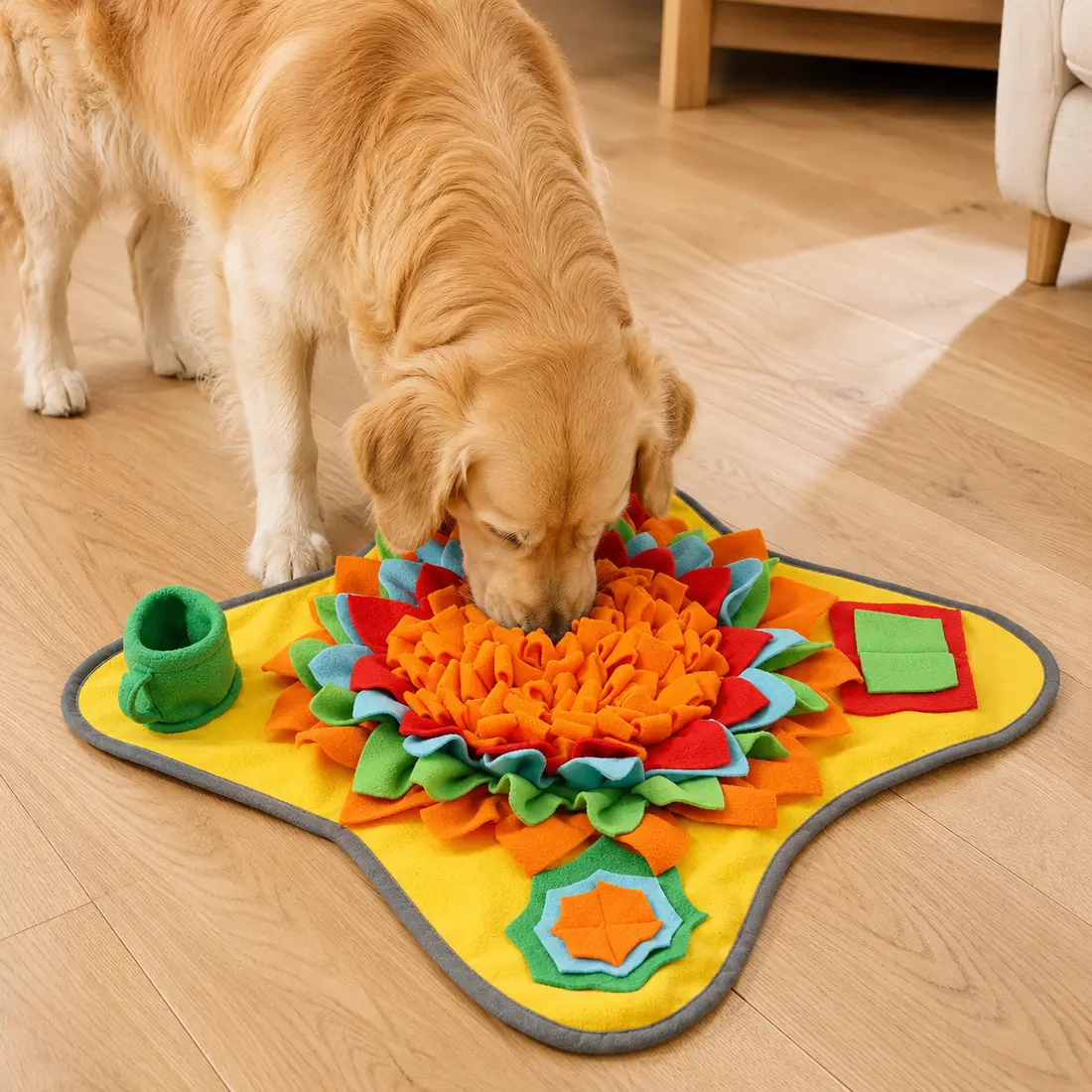 A golden retriever with its nose pushed into the Sunny snuffle mat on oak floorboards