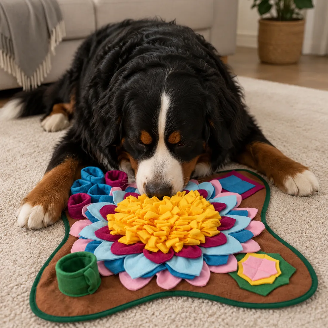 A bernese mountain dog lying down with the Earth snuffle mat between its front paws