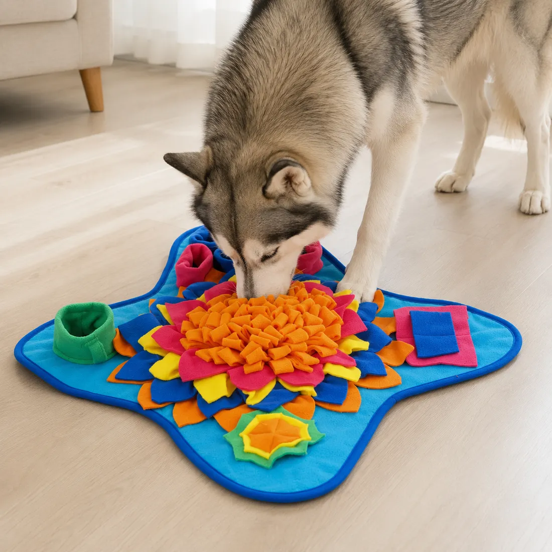 A siberian husky nose-down and focused in the Ocean snuffle mat