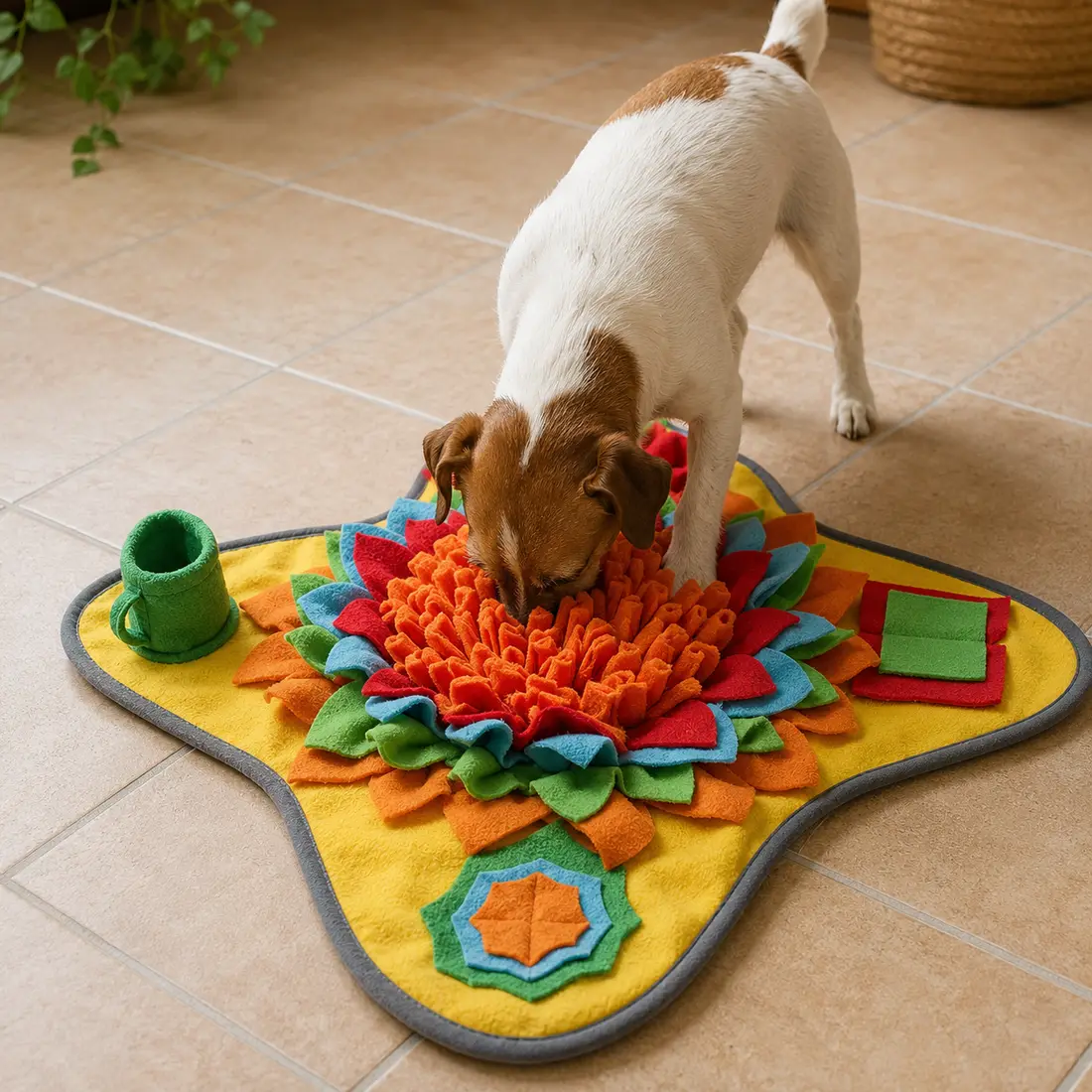 A jack russell terrier digging enthusiastically into the Sunny snuffle mat