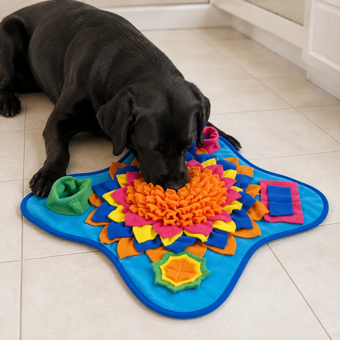 A black labrador lying down and foraging in the Ocean snuffle mat on a pale kitchen floor