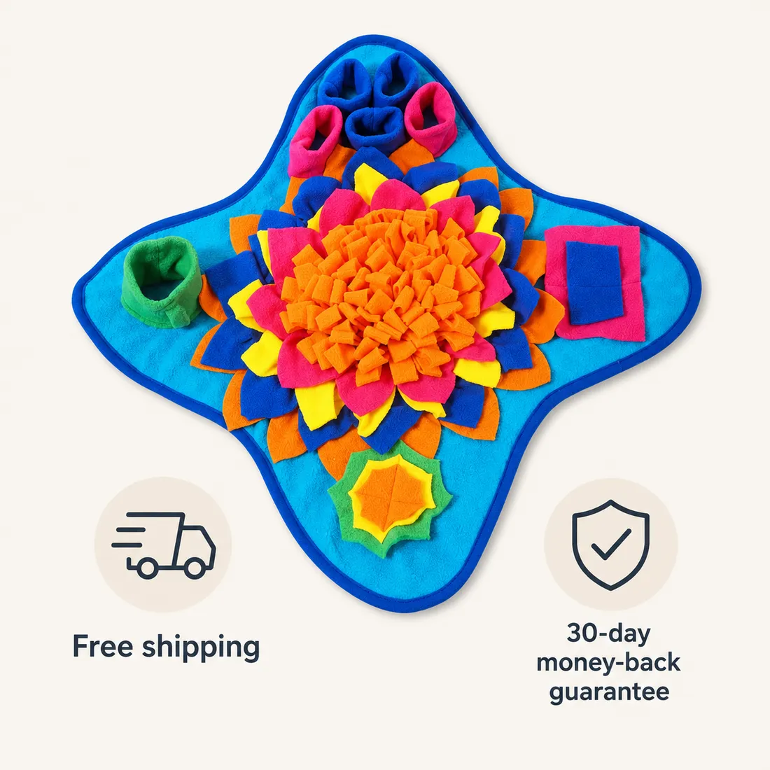 The Ocean snuffle mat on a clean background beside a delivery truck icon and a shield icon, labeled Free shipping and 30-day money-back guarantee