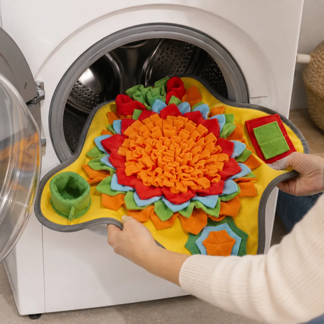 The Sniffgrove snuffle mat being loaded into the drum of a front-loading washing machine