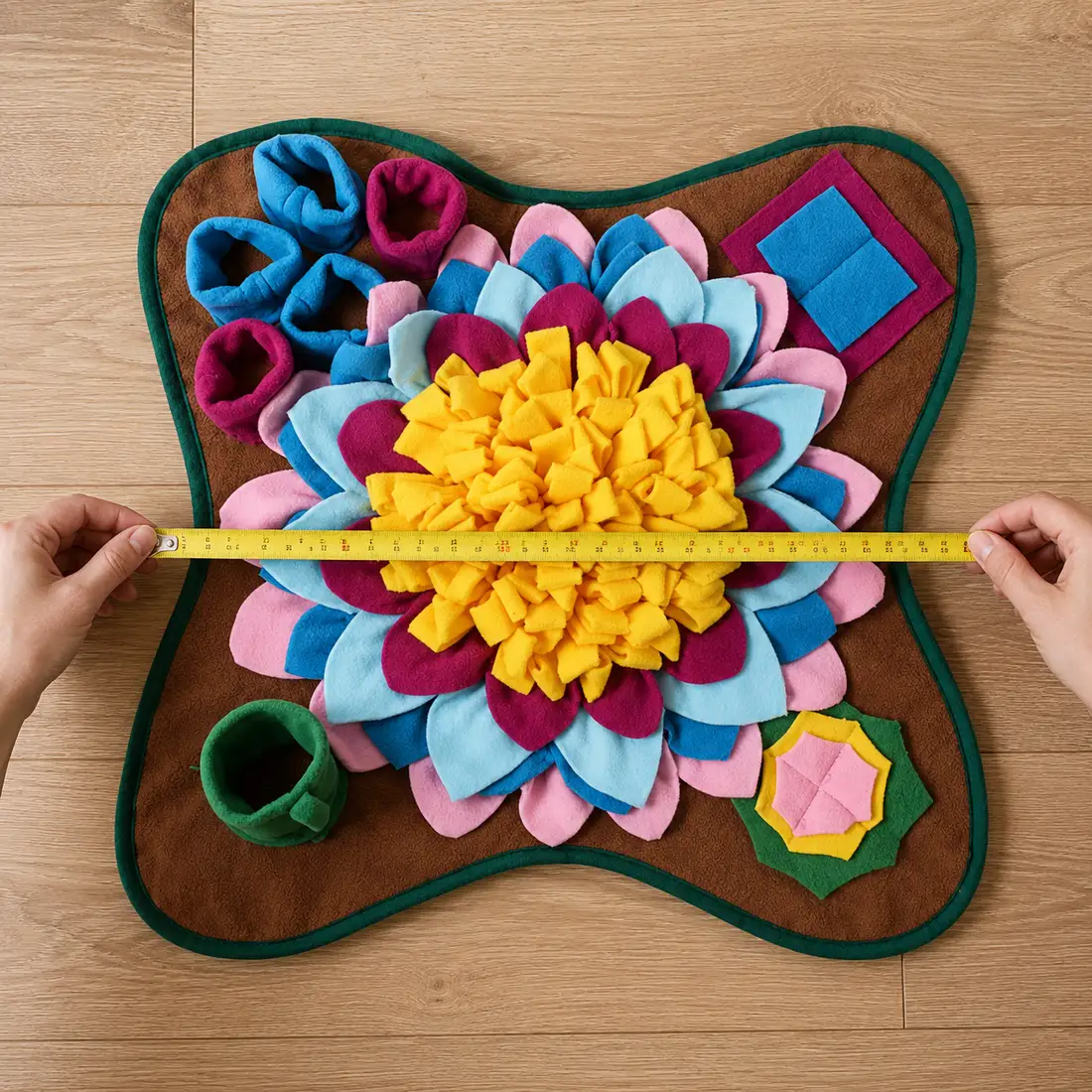 Two hands holding a tape measure across the Earth snuffle mat to show its width point to point