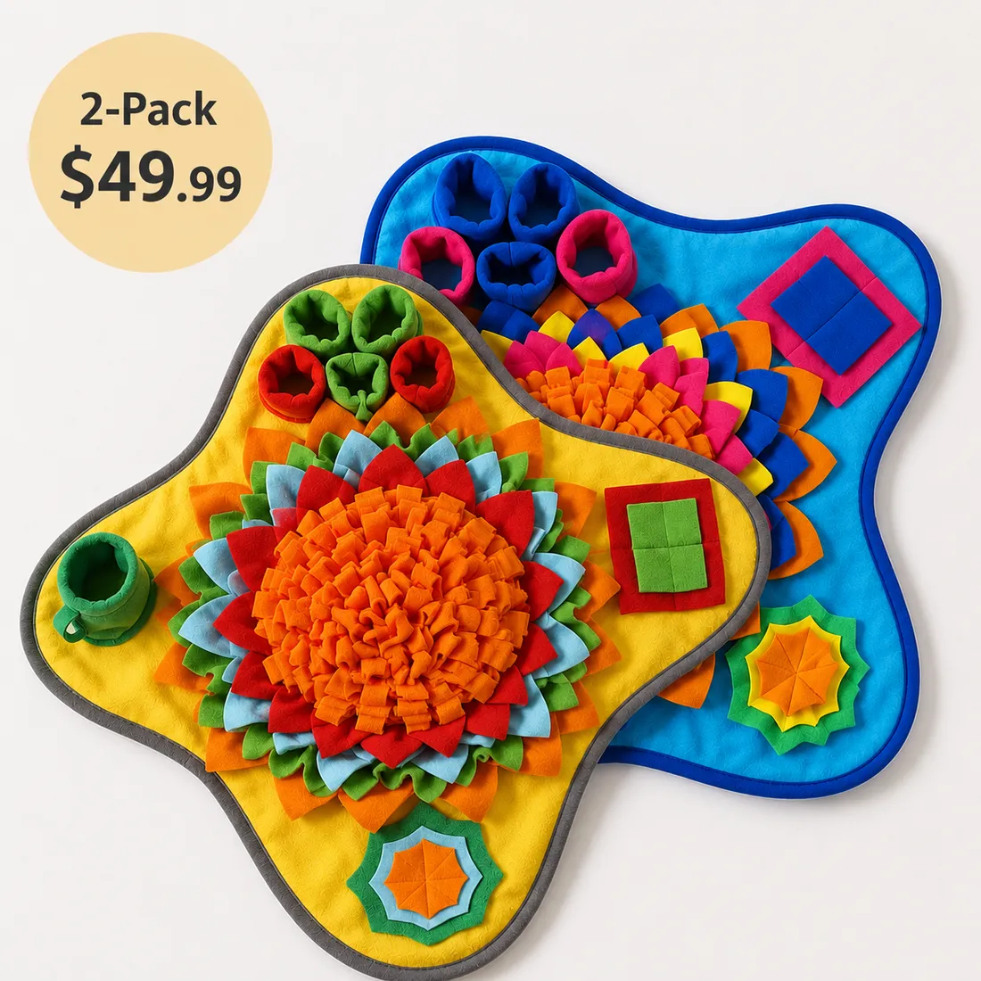 Two snuffle mats overlapping on a clean background, one Sunny and one Ocean, labeled 2-Pack $49.95