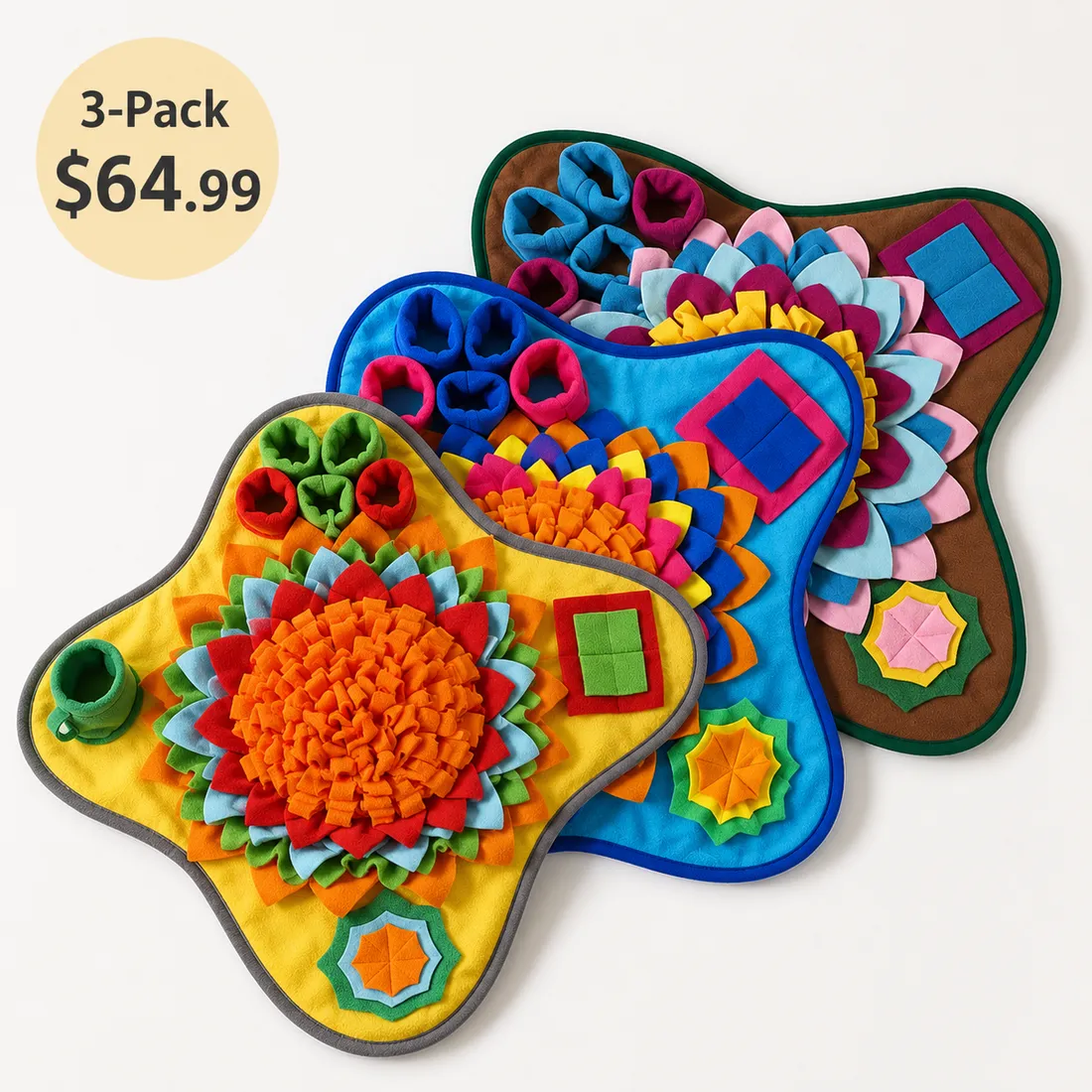Three snuffle mats stacked in a fan on a light background, one Sunny, one Ocean and one Earth, labeled 3-Pack $64.95