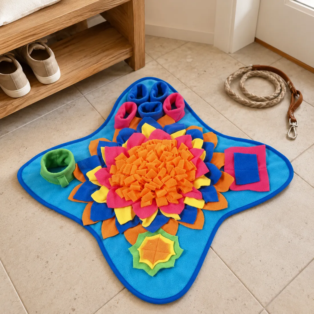 The Ocean snuffle mat in an entryway beside a wooden bench and a coiled leash