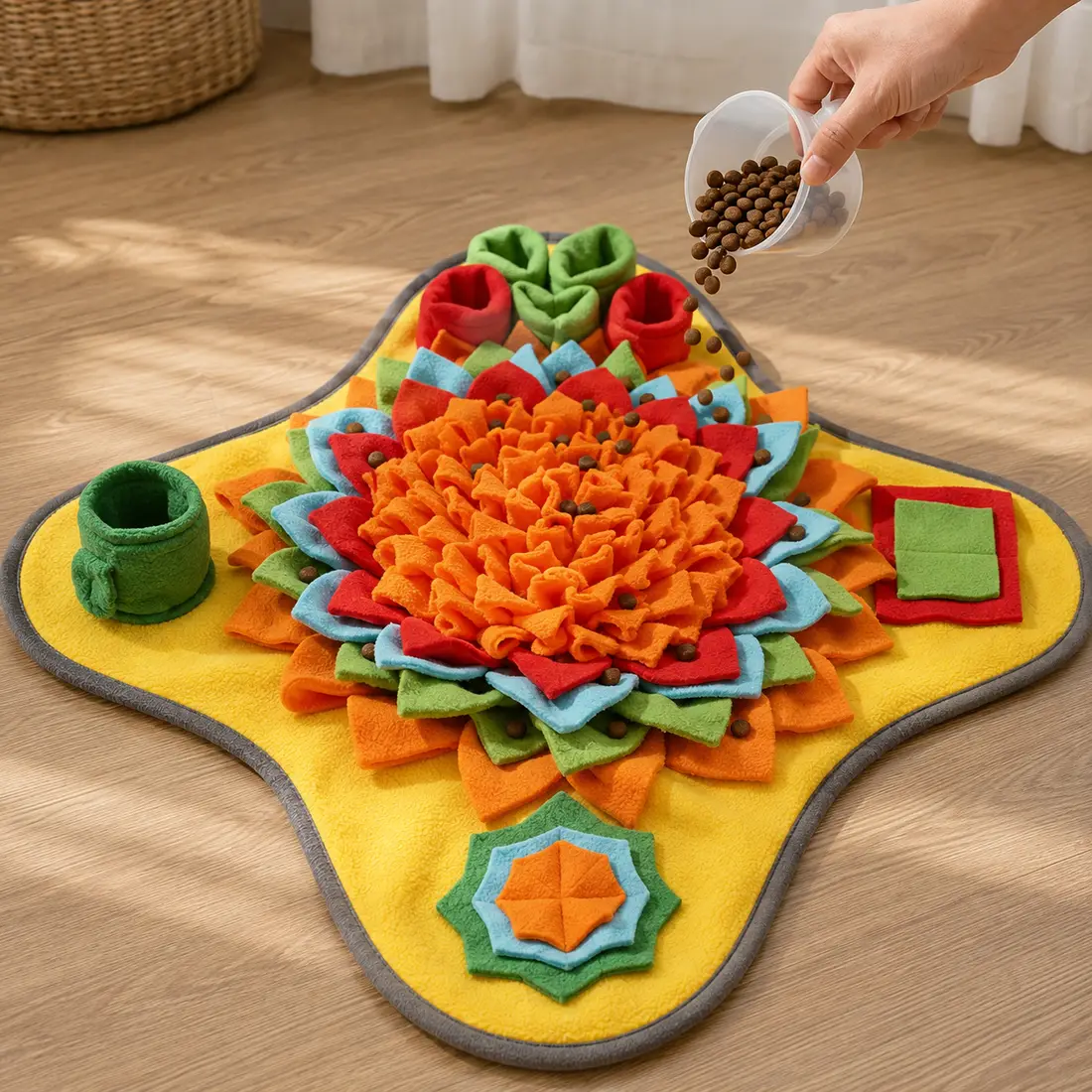 Square snuffle mat with a green trim and a multi-layered fleece flower on a tiled floor