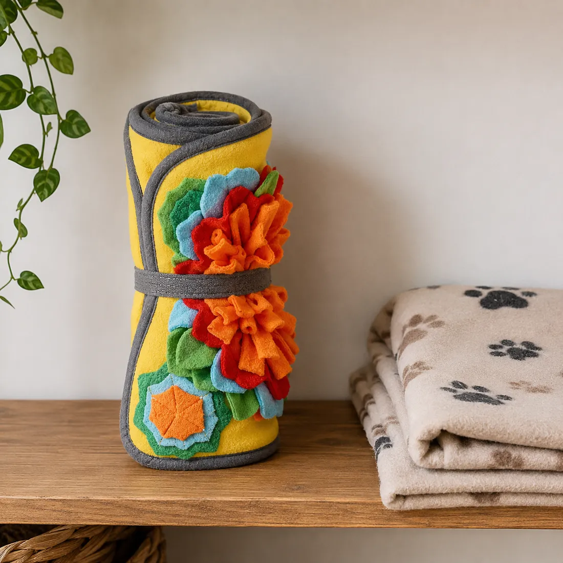 The Sunny snuffle mat rolled up on a shelf next to a folded dog blanket