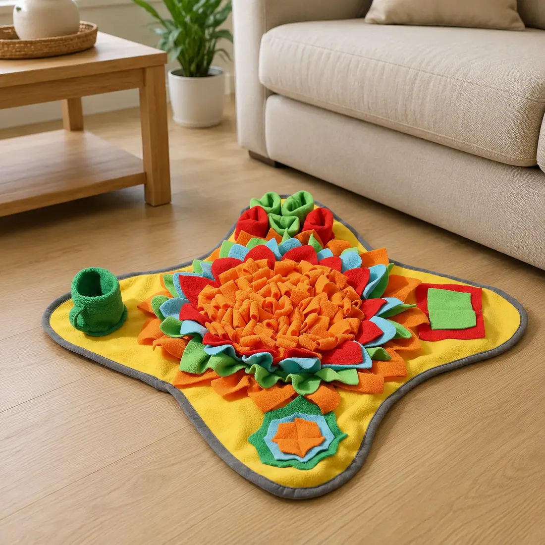 The Sunny snuffle mat lying flat on oak floorboards beside a linen sofa