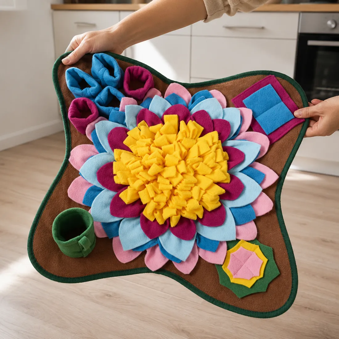 Two hands holding up and shaking out the Earth snuffle mat over a kitchen floor to clear crumbs