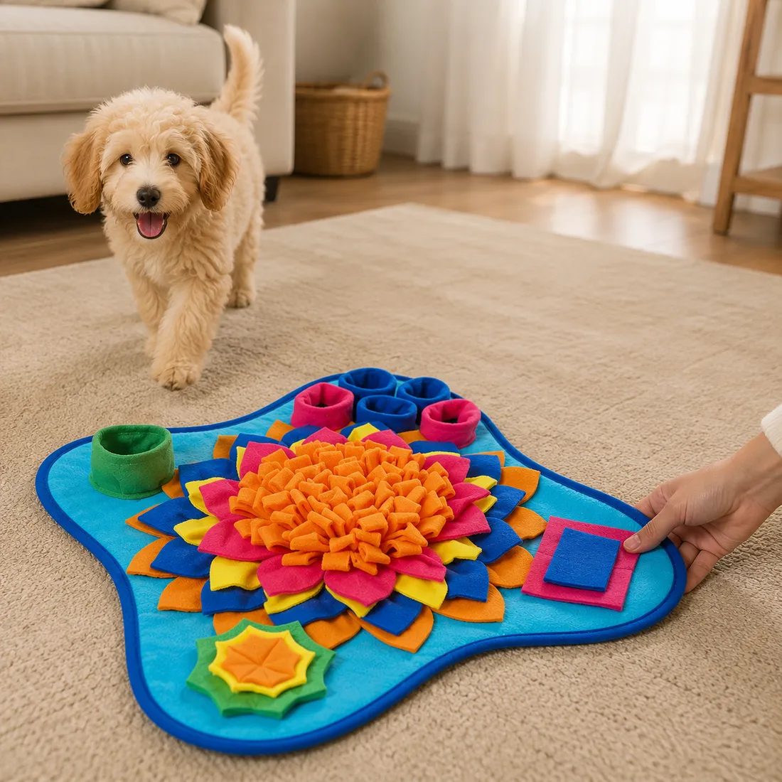 A small puppy walking away from the emptied Ocean snuffle mat while an owner reaches down to pick it up