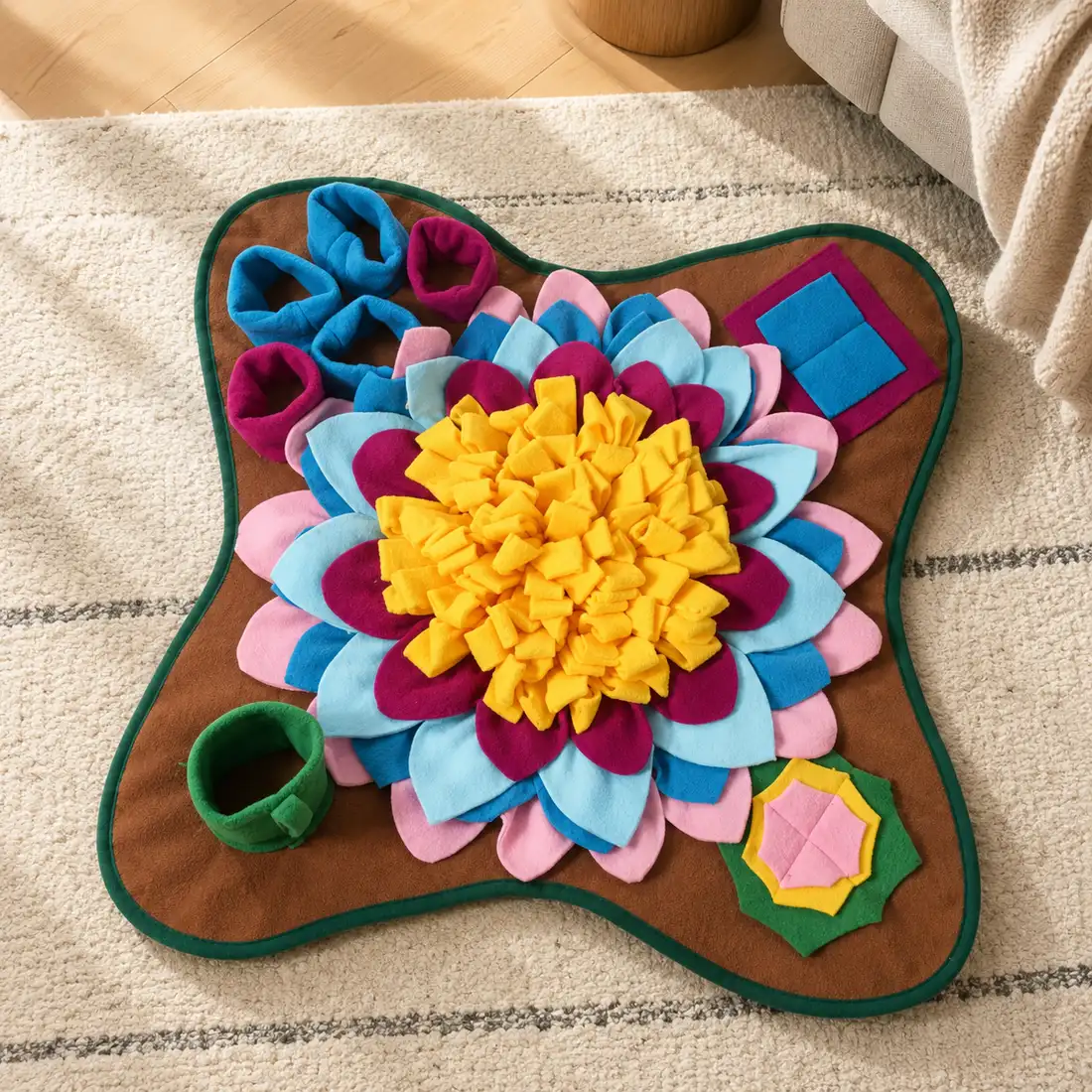 The Earth snuffle mat laid on a neutral wool rug in a calm living room