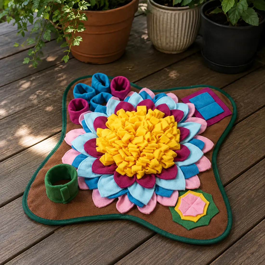 The Earth snuffle mat in the shade on a wooden deck with potted plants