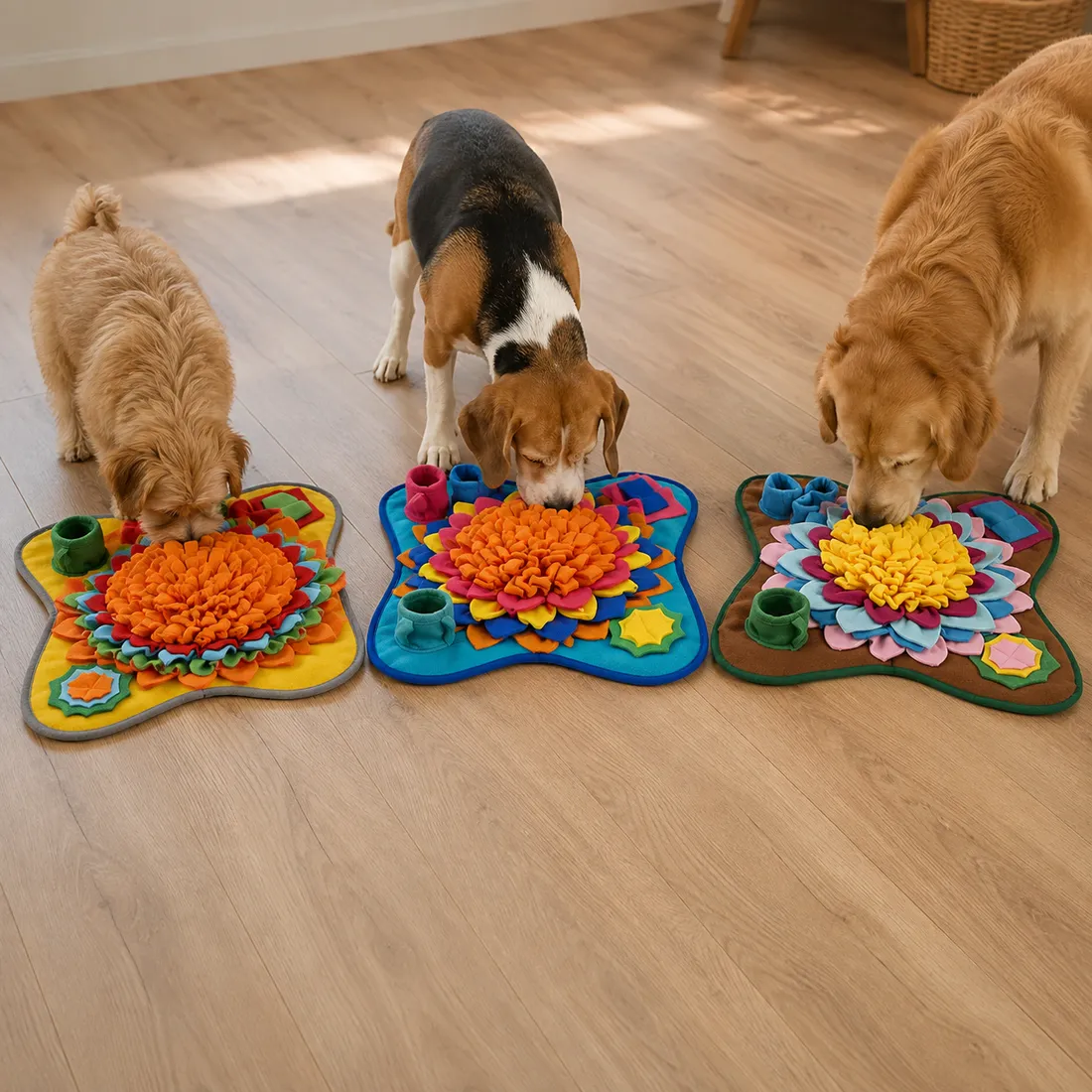 Three dogs of different sizes each foraging on their own mat, Sunny, Ocean and Earth