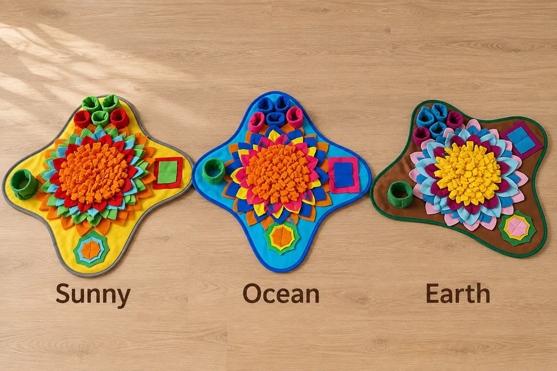 The three snuffle mat colorways lined up side by side on oak floorboards and labeled Sunny, Ocean and Earth