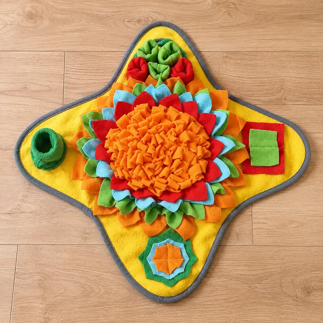 Top-down view of the Sunny snuffle mat on oak floorboards, the four points clearly visible